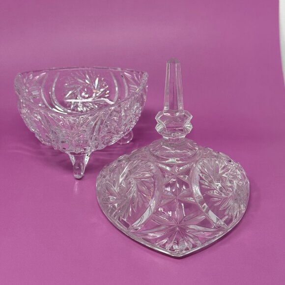 Vintage Pedestal Heavy Thick Crystal Glass Candy Dish w/ Lid Tall Spire Handle, - Picture 5 of 7
